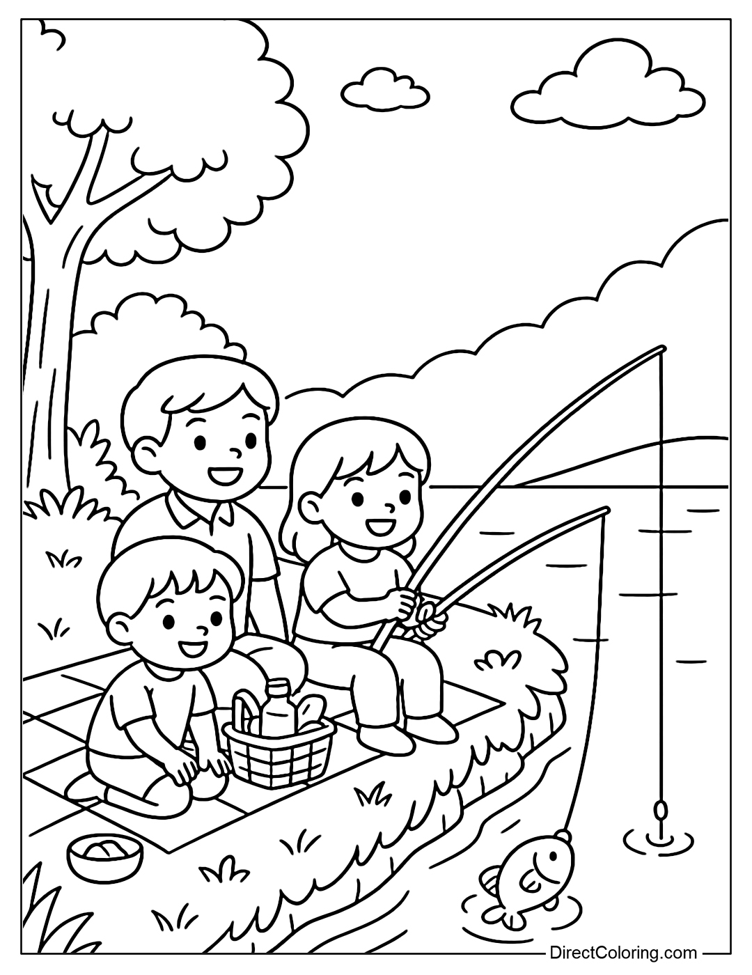 Family picnic and fishing coloring page by the lake, with rug and food basket.